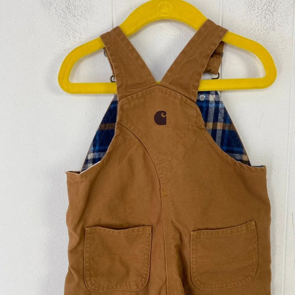 Carhartt Kids Flannel Lined Canvas Bib Overalls Brown Plaid Sz 18M